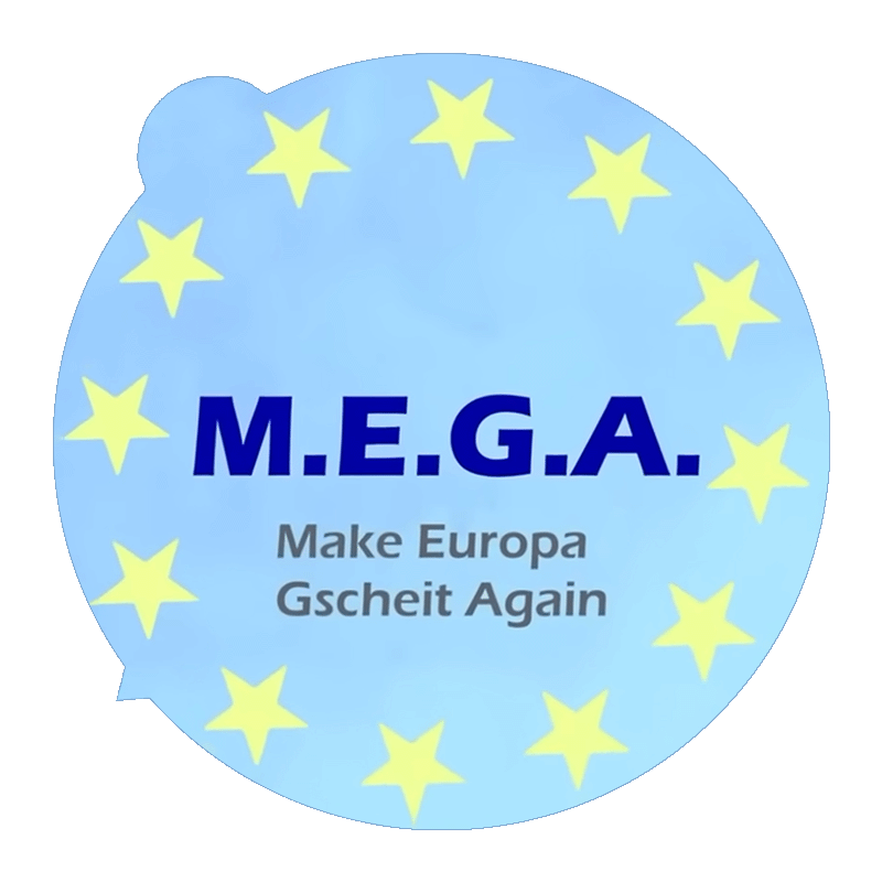 Logo von MEGA. Ein hellblauer Kreis mit gleichmäßig am Rand verteilten gelben Sternen. In der Mitte steht in dunkelblau M.E.G.A. und darunter ein dunkelgrau "Make Europa Gescheit Again"