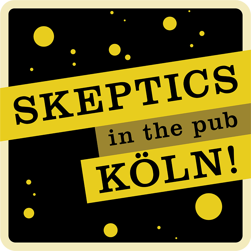 Auf gelben Streifen steht "Skeptix in the pub KÖLN!"