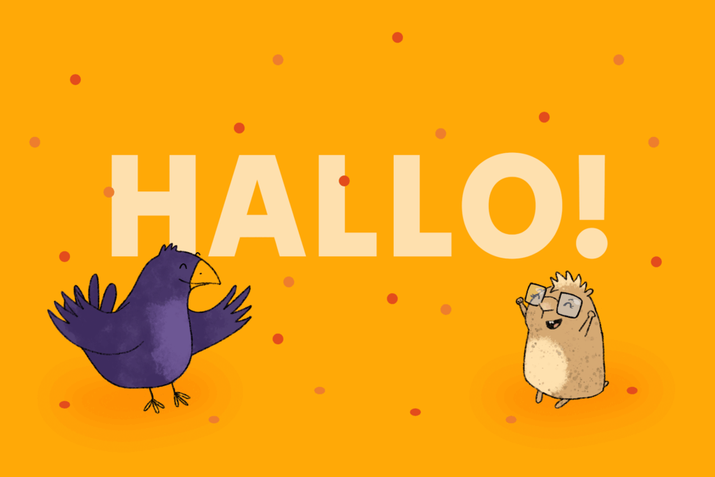 Der lila Vogel Birb und der Hamsterdame Katherine Hamsterson begrüßen mit einem freundlichen HALLO! die Kinder auf ihrer Website.