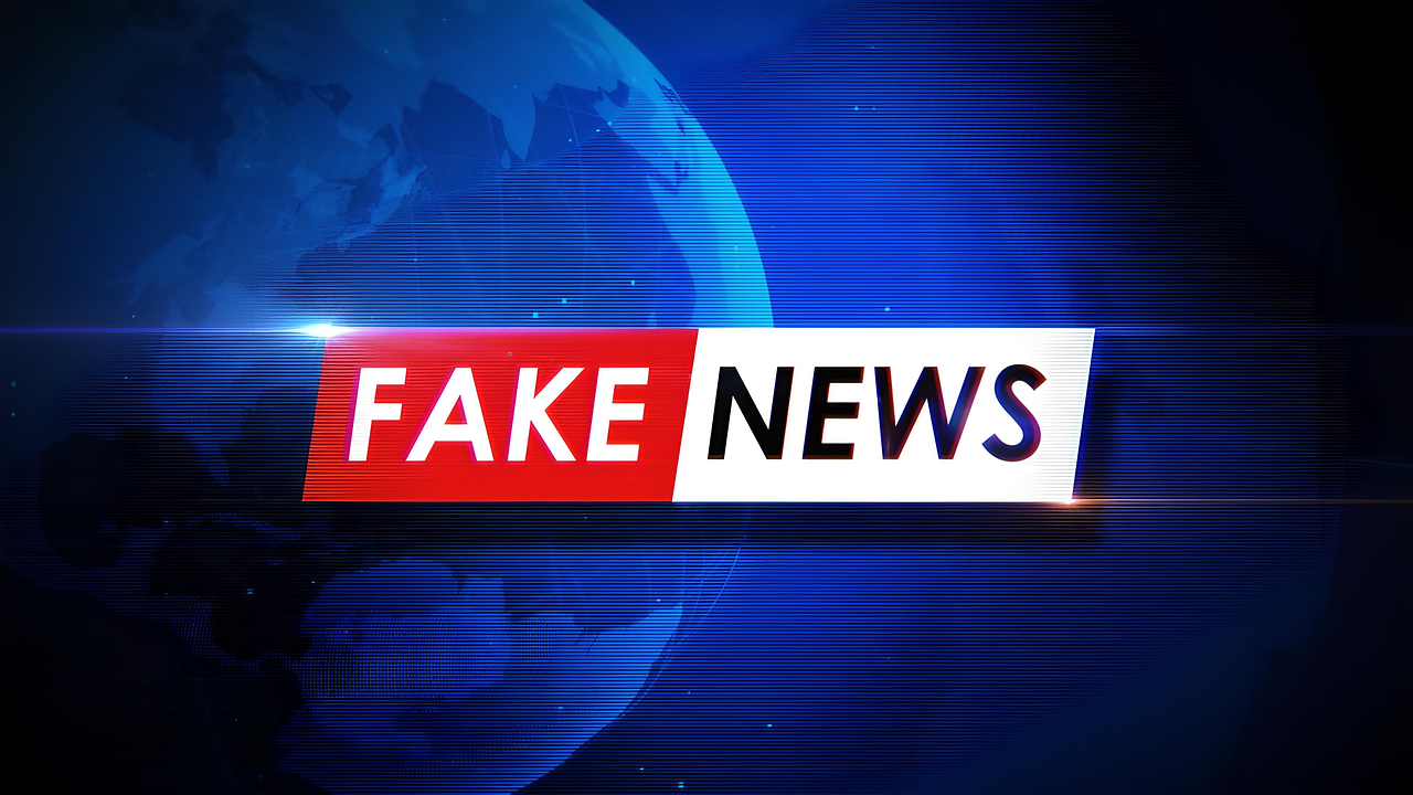 Stilistisch wie bei einem Intro von einer Nachrichtensendung mit dem Titel Fake-News. Hintergrund blau, mit dem Planeten Erde.