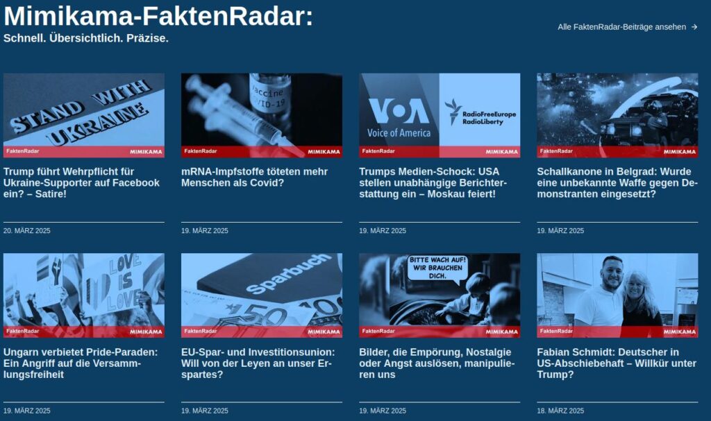 Verschiedene Kacheln mit Beiträgen. Zum Beispiel: “Trump führt Wehrpflicht für Ukraine-Supporter auf Facebook ein – Satire!”. Alles in blau gehalten mit weißer Schrift.