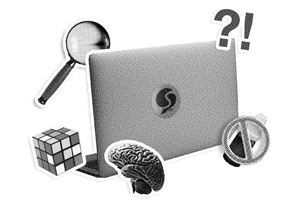 Collage aus Symbolen für kritisches Denken: Ein Laptop mit Skeptix Logo, umgeben von einer Lupe, einem Rubik's Cube, einem Gehirn, einem Fragezeichen-Ausdruck (?!), einem Verbotsschild vor einer Flasche mit wirkungslosen Medikamenten – alles in schwarz-weißer, grafischer Darstellung.
