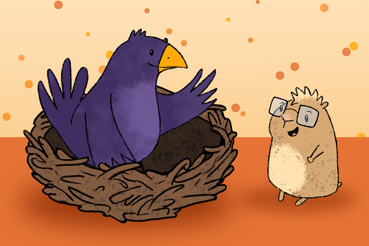Der lila Vogel Birb sitzt in seinem Nest und der Hamsterdame Katherine Hamsterson steht fröhlich davor.