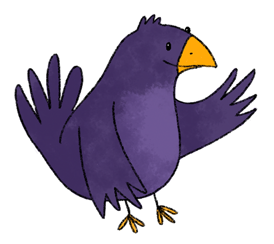 Ein lila Vogel mit gelbem Schnabel und gelben Füßen streckt den linken Flügel aus und blächelt freundlich.