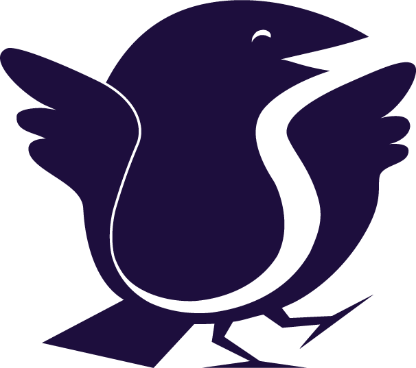 Maskottchen „Birb“, ein stilisierter Vogel des Vereins Skeptix, hebt fröhlich beide Flügel.