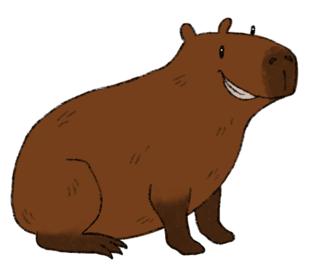 Ein Capybara mit braunem, borstigem Fell grinst verschmitzt.