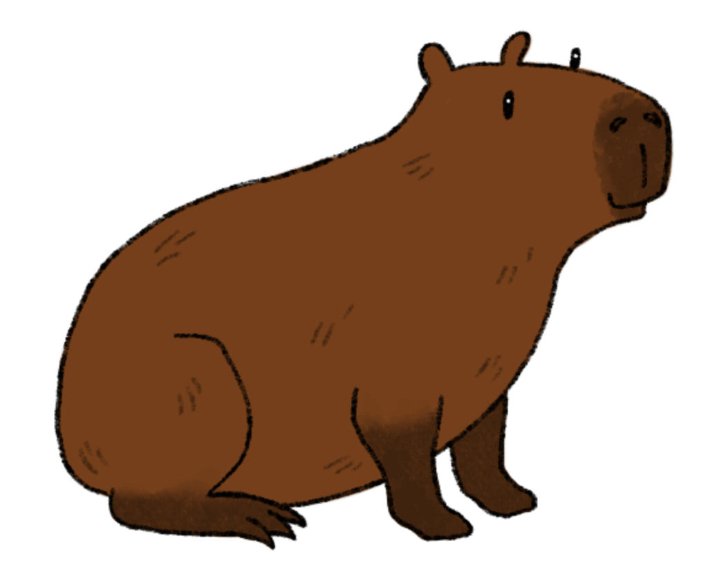 Ein Capybara mit braunem, borstigem Fell lächelt gutmütig.