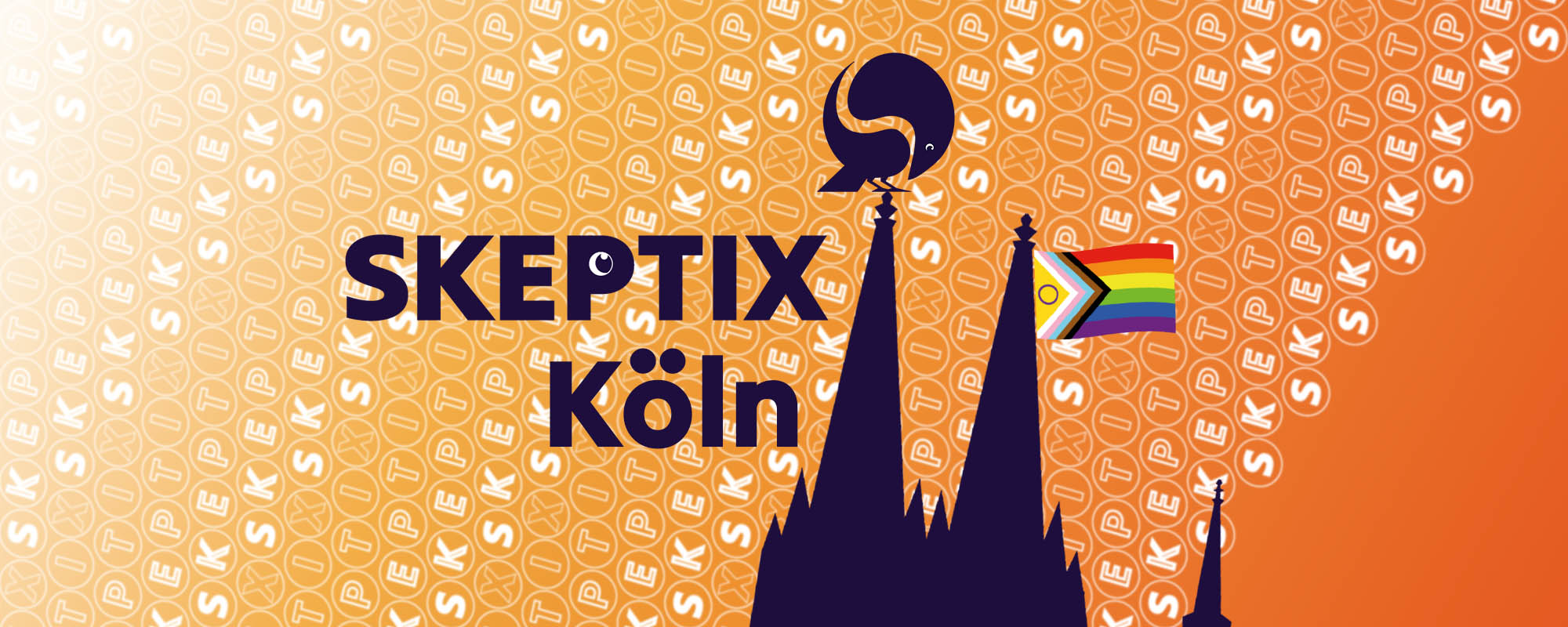 Grafik mit orangefarbenem Hintergrund, auf dem mehrfach das Wort „SKEPTIX“ wiederholt wird. Im Vordergrund ist die stilisierte Silhouette des Kölner Doms in dunklem Violett zu sehen. Auf der linken Domspitze sitzt das Logo der Skeptix – ein stilisierter Vogel, der nach unten schaut. Auf der rechten Domspitze weht eine Progress-Pride-Flagge. Der Schriftzug „SKEPTIX Köln“ steht zentral in dunkler Schrift, wobei das „O“ in „SKEPTIX“ als stilisiertes Auge dargestellt ist.