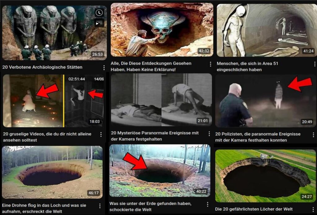 Eine Collage aus neun Bildern. Die obersten drei zeigen Aliens. Die mittleren drei zeigen Geister. Die untersten drei zeigen tiefe Löcher.