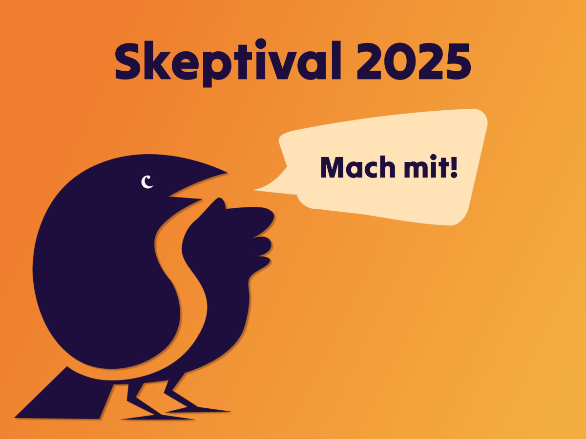 Grafik mit Überschrift "Skeptival 2025" und dem stilisierten Vogel aus dem Skeptix Logo. Eine zum Vogel gehörende Sprechblase sagt: "Mach mit!