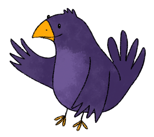 Ein lila Vogel mit gelbem Schnabel und gelben Füßen hebt den linken Flügel. Er sieht aus, als würde er etwas zeigen oder erklären wollen.