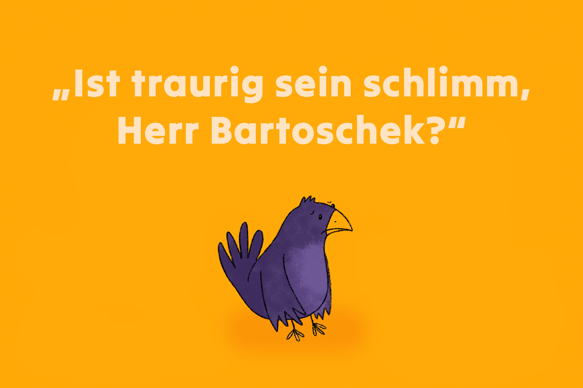 Ein lila Vogel mit gelbem Schnabel und gelben Füßen hebt den linken Flügel. Er sieht aus, als würde er etwas zeigen oder erklären wollen.