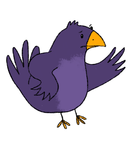 Ein lila Vogel mit gelbem Schnabel und gelben Füßen hebt den linken Flügel und stemmt den Rechten in die Seite. Sein Gesicht sieht aus, als wäre er besorgt