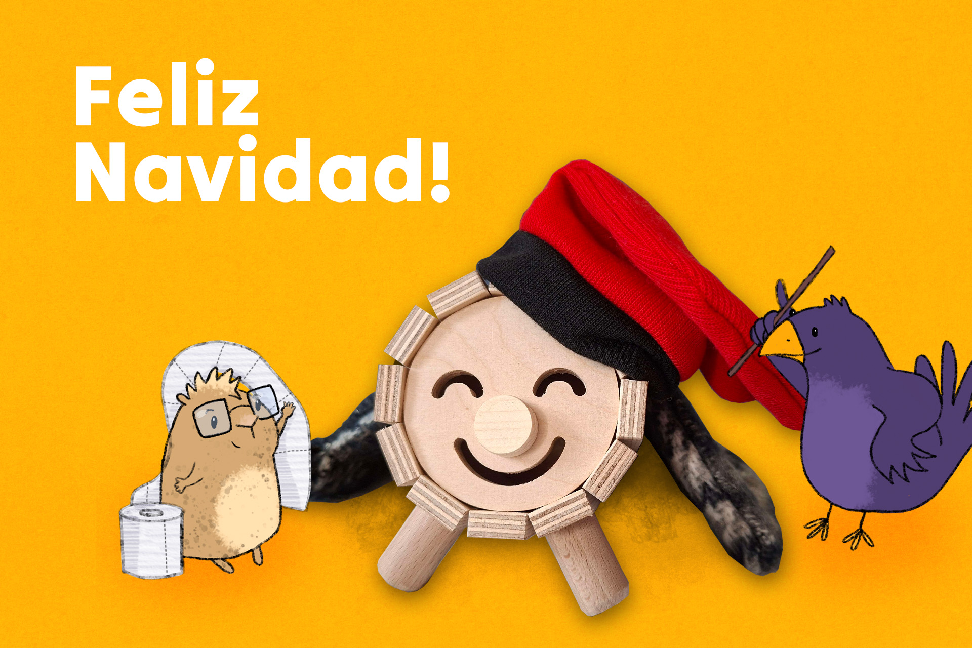 Vor orangem Hintergrund steht ein kurzer Baumstamm mit eingeschnitztem Gesicht. Er trägt eine rote Mütze und ist mit einer Flanell-Decke zugedeckt. Rechts im Bild steht Birb mit einem Stöckchen im rechten Flügel, den linken in die Seite gestemmt. Links im Bild steht Kati. Sie hantiert mit einer Rolle Toilettenpapier, die sich schon weit abgewickelt hat.