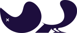 Die auseinander gefallene Version des Skeptix-Logo. Der Kopf und Rücken von Birb liegen links. Statt dem Auge ist ein X zu sehen. Bauch und Füße stehen daneben.
